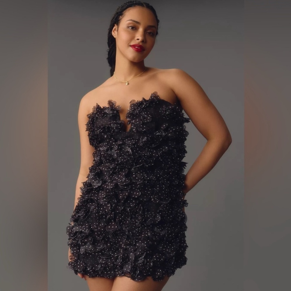 Anthropologie Maeve | 3D Floral Ruffle Mini Dress | Black Polkadots  | 12
